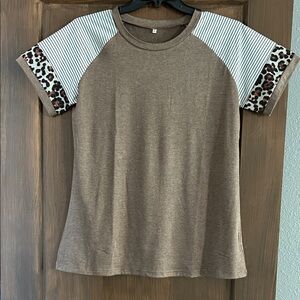 Brown Shirt with Striped and Leopard Sleeves NWOT
